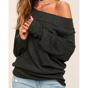We The Free People Palisades Washed Off Shoulder Sweater Top Sz XS Charcoal Gray